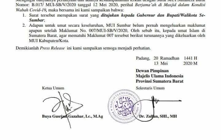 MUI Sumbar Tegaskan Belum Keluarkan Maklumat Baru Terkait Ibadah Dalam Wabah Covid 19