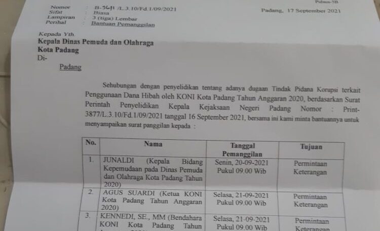 Dugaan Korupsi, Dana Hibah KONI Padang Diperiksa Kejari Padang